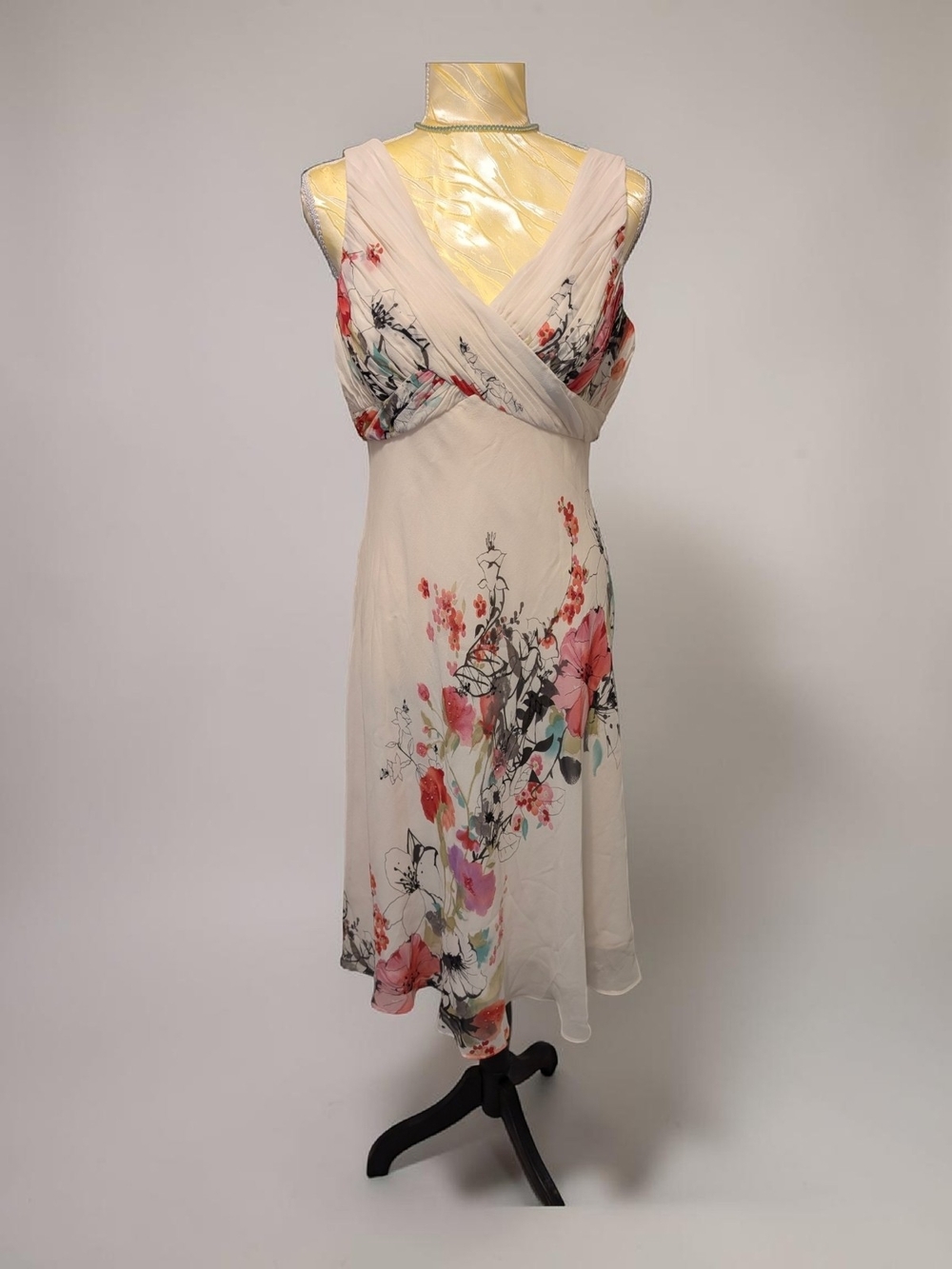 Adrianna Papell Cream Midi Dress with Pink & Coral Floral Print & Subtle Beading